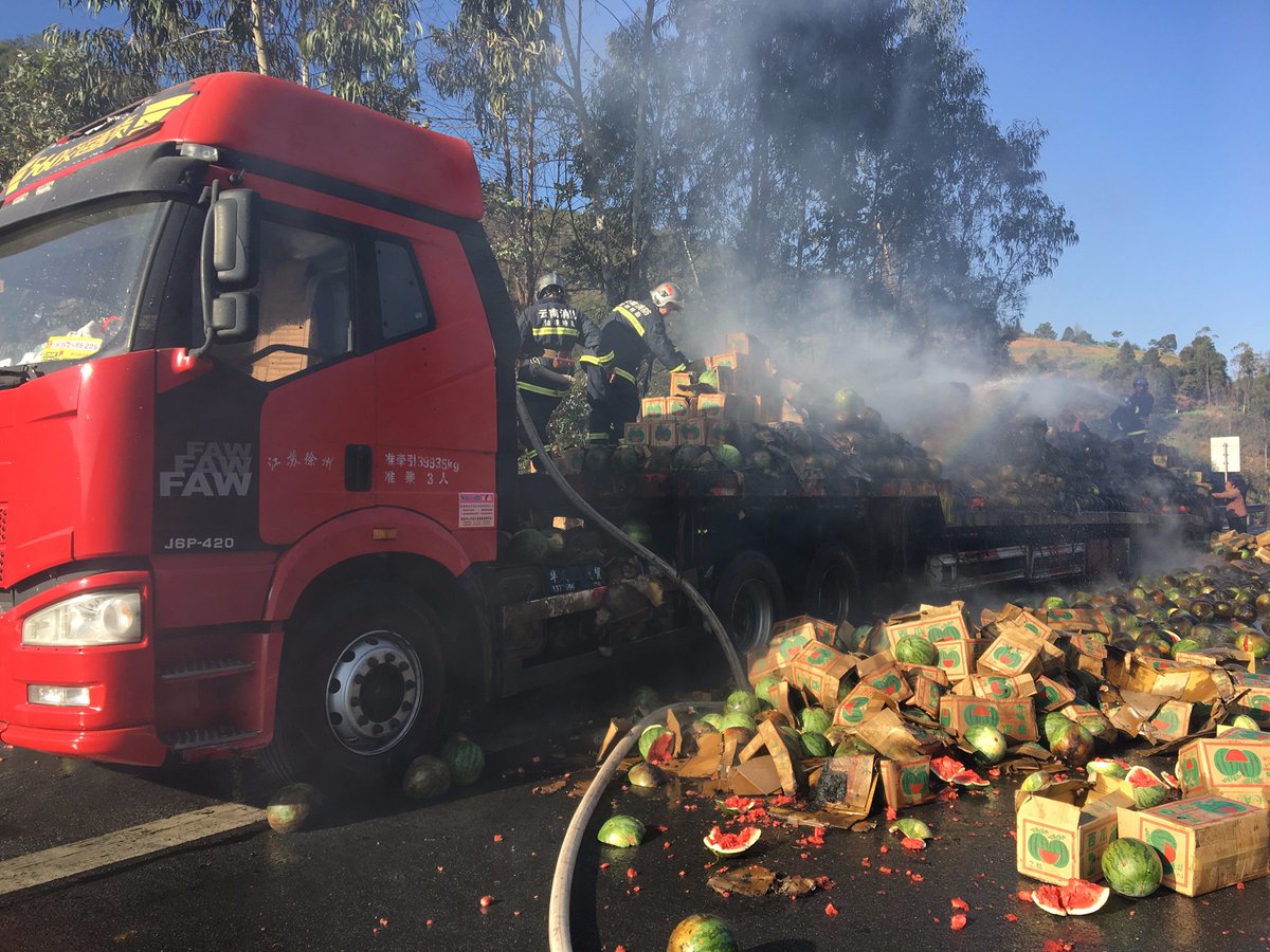 Truck loaded with watermelons catches fire in SW China's Yunnan. No casualties, except terribly burnt watermelons