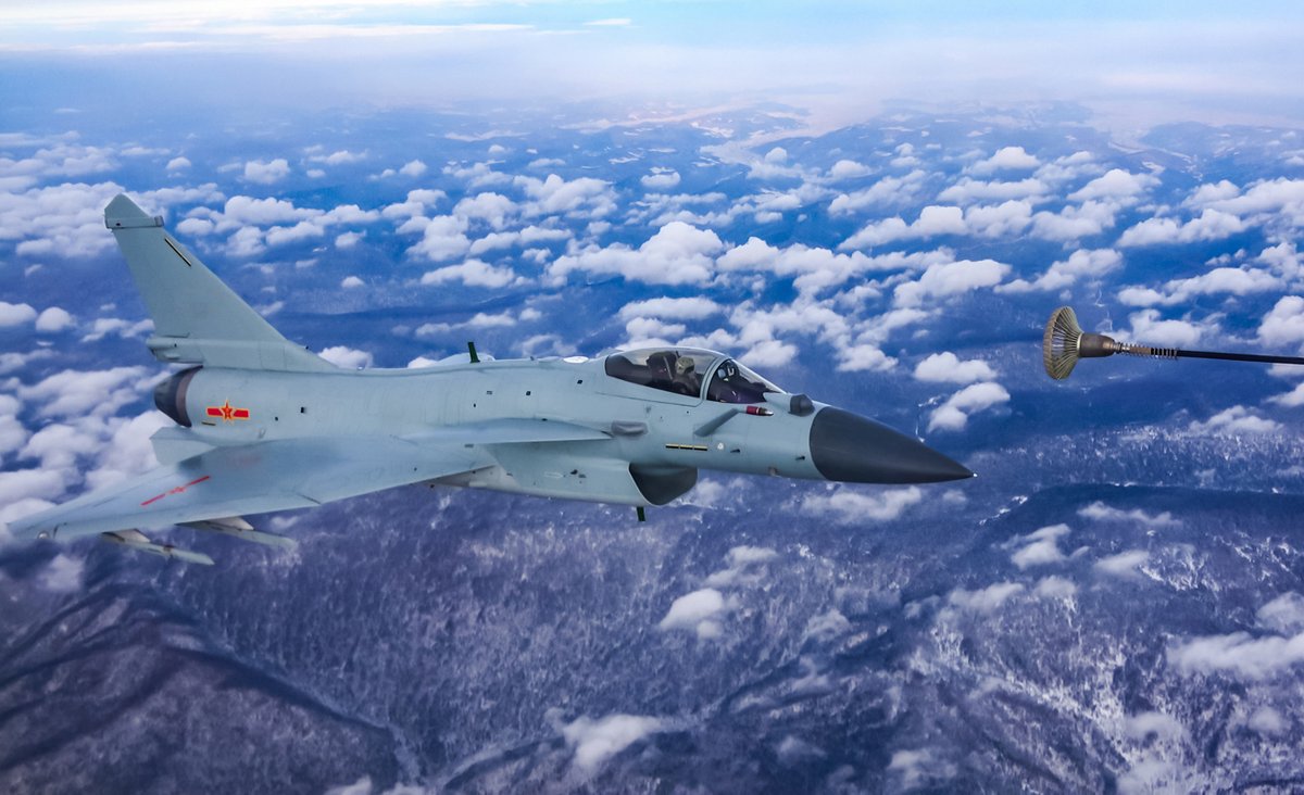 Unwatermarked pics not seen every day - China Air Force's J-10B fighter jets  practicing probe-and-drogue aerial refueling. Publication granted by official; location of photo withheld.   