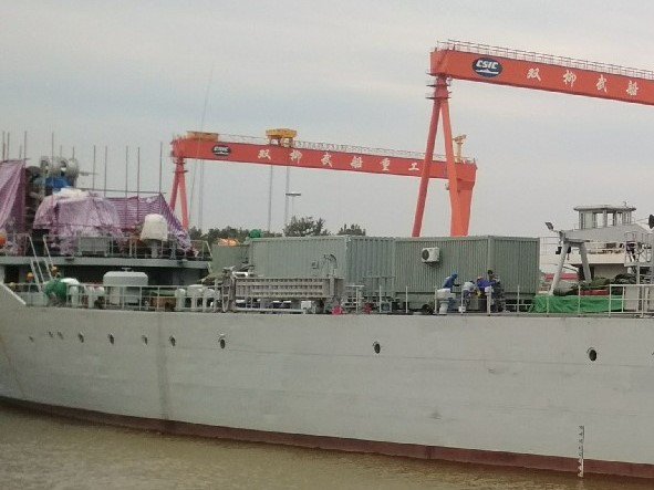 Type 072Ⅲ landing ship Haiyangshan at Wuchang shipyard, this place used to install twin 37mm gun.   