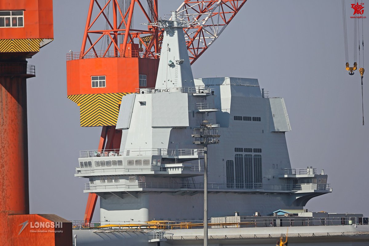 Note evolution of island shaping in Chinese carrier development, Liaoning, CV-001A and carrier testbed being adapted for third carrier.