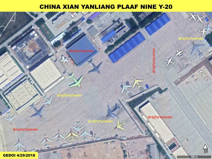 China Xian Yanliang PLAAF: Nine strategic transporters Y20 observed on 4/29/2018. Three without engines and two in parrot green colour primer.   