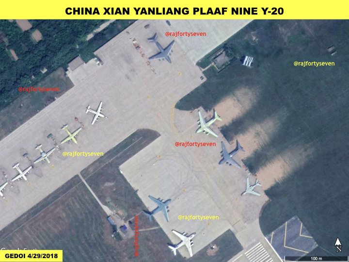 China Xian Yanliang PLAAF: Nine strategic transporters Y20 observed on 4/29/2018. Three without engines and two in parrot green colour primer.   