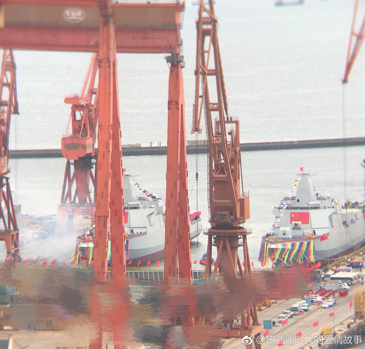 Dalian's two 055 destroyers launched today at the same time. No. 3 and 4 overall.  Recall no. 1 was launched from JN last year 28th June, technically it means China has launched 4 055s in the span of 1 year+4/5 days.   