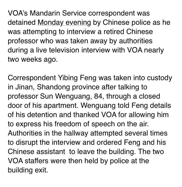 Correspondent for @voaweishi detained by police in China.   