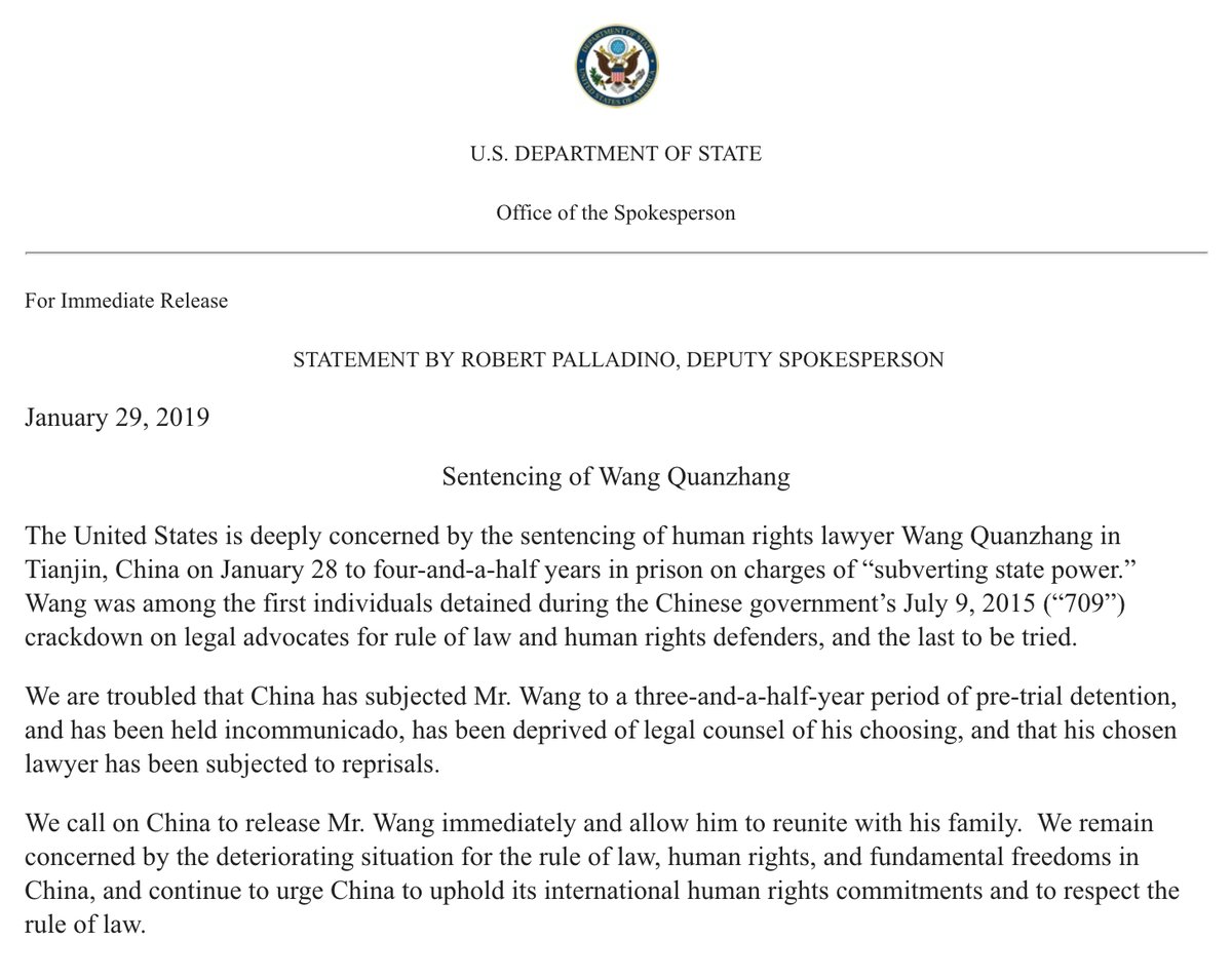 The U.S. is deeply concerned by the sentencing of human rights lawyer Wang Quanzhang and the deteriorating situation for the rule of law and human rights in China. We call on China to release Mr. Wang immediately and continue to urge China to uphold its int'l human rights commitments.   