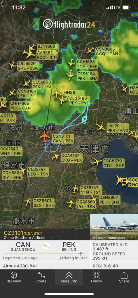 China Southern A380 B-6140 (CAN-PEK) suffered damage while flying through a hail storm.   