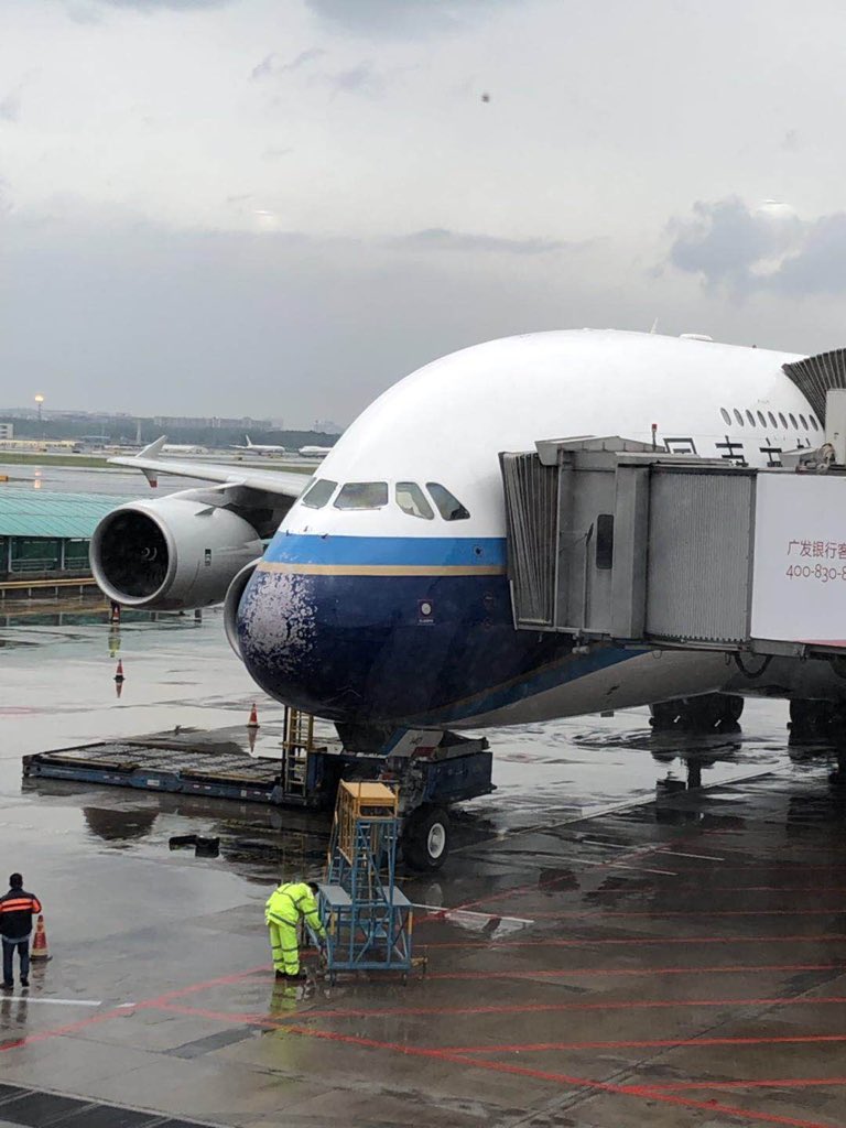 China Southern A380 B-6140 (CAN-PEK) suffered damage while flying through a hail storm.   