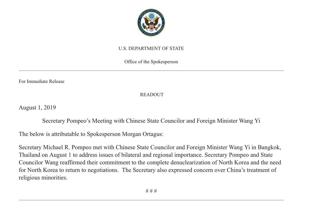 Pompeo and China's foreign minister reaffirmed their commitment to the complete denuclearization of North Korea and the need for North Korea to return to negotiations, the State Department says