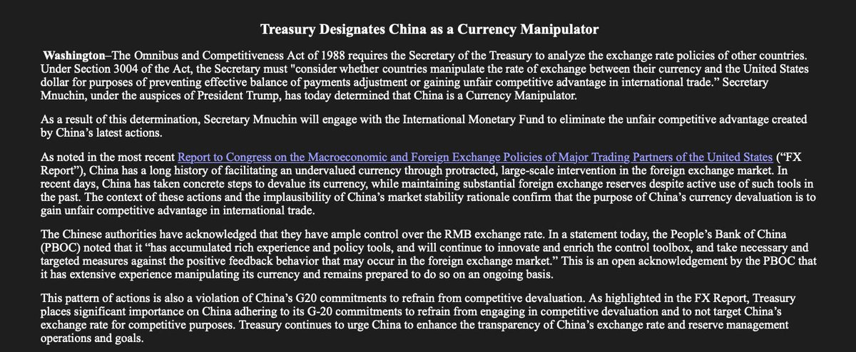 As a result of this manipulation determination,  @stevenmnuchin1 will engage with the International Monetary Fund to eliminate the unfair competitive advantage created by China's latest actions, according to @USTreasury