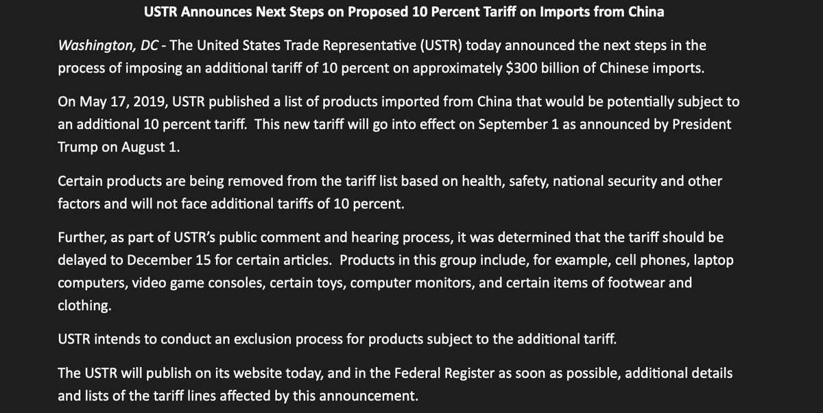 Certain products from China being removed from the tariff list based on health, safety, national security and other factors and will not face additional tariffs of 10 percent, announces @USTradeRep