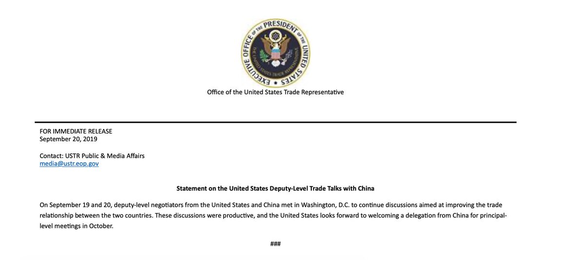 Deputy-level trade negotiators from the US and China met yesterday and today here.   These discussions were productive, and the United States looks forward to welcoming a delegation from China for principal-level meetings in October, according to @USTradeRep