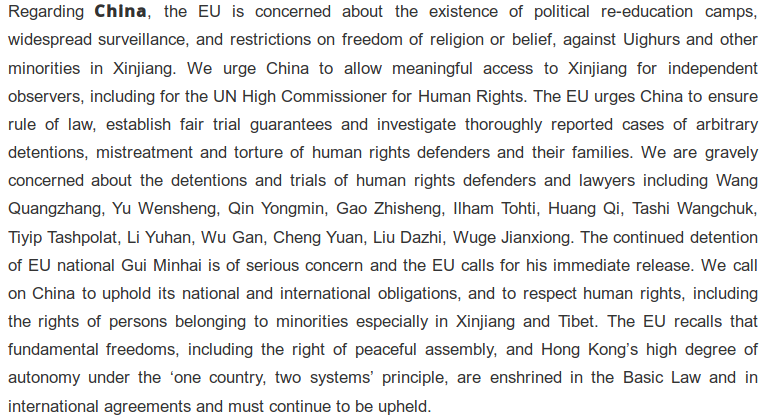 EU expressed concern at HRC42 about human rights conditions in China includ. re-education camps & surveillance & restrict. on freedom of religion in Xinjiang and detentions of HRDs, and urges China to investigate torture of HRDs & families + other items