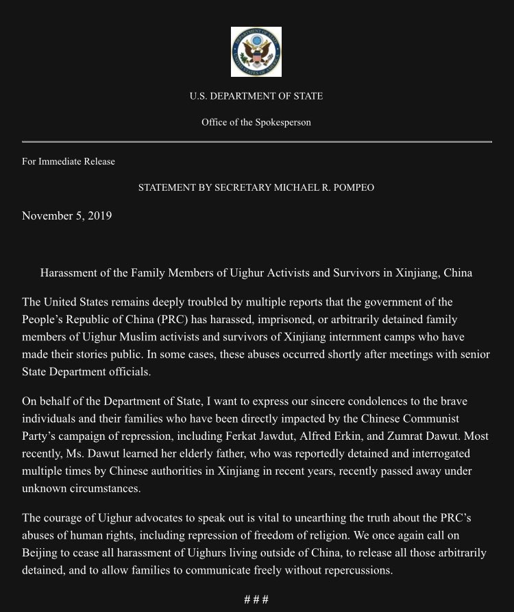 US remains deeply troubled by multiple reports that China has harassed, imprisoned, or arbitrarily detained family members of Uighur Muslim activists and survivors of Xinjiang internment camps who have made their stories public, says @SecPompeo in statement
