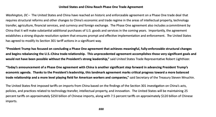 Statement from @USTradeRep on phase one agreement with China
