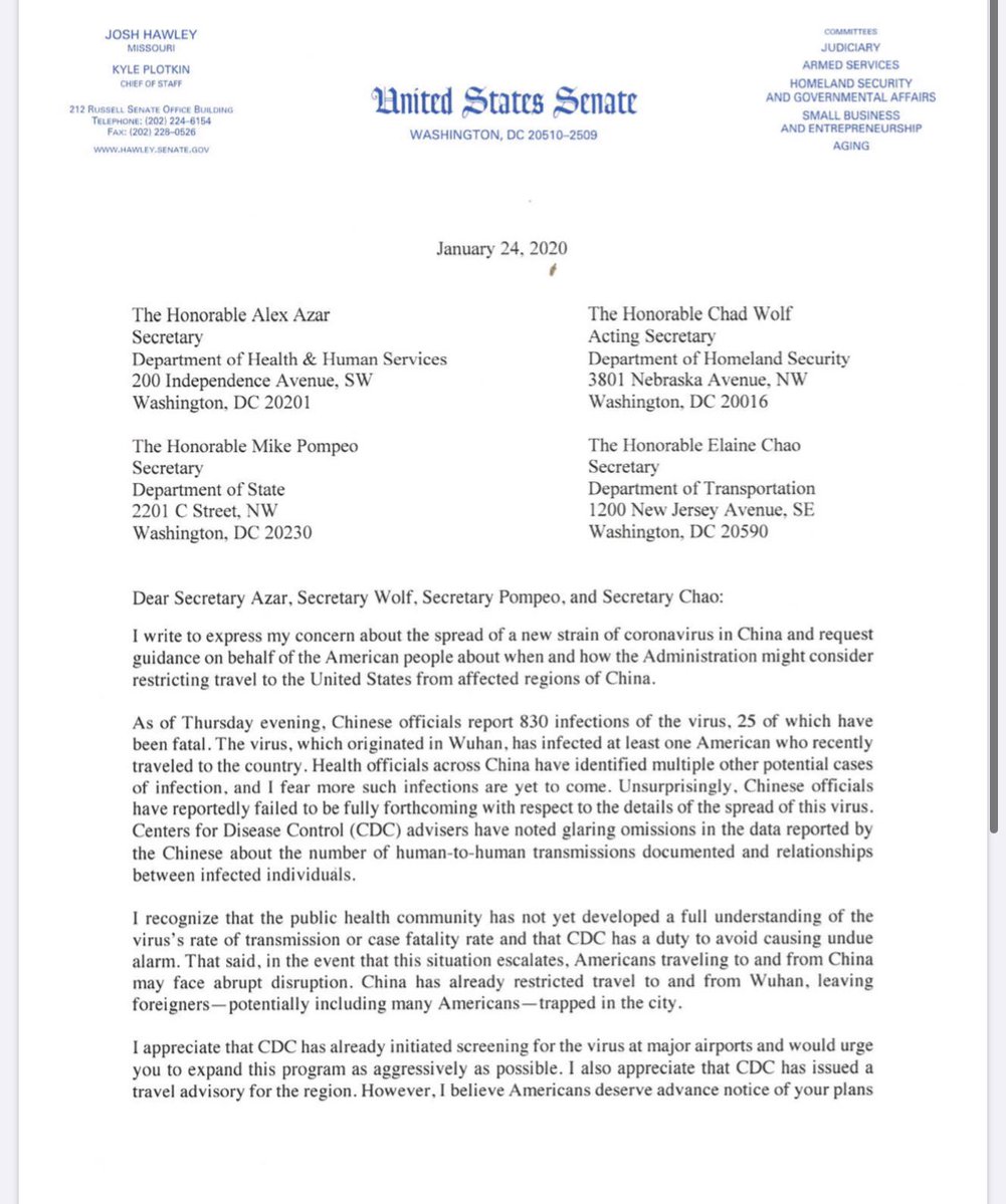 Freshman Sen. Josh Hawley (R-Mo.) asks Trump administration if  restrictions should be put in place for people traveling from China to United States