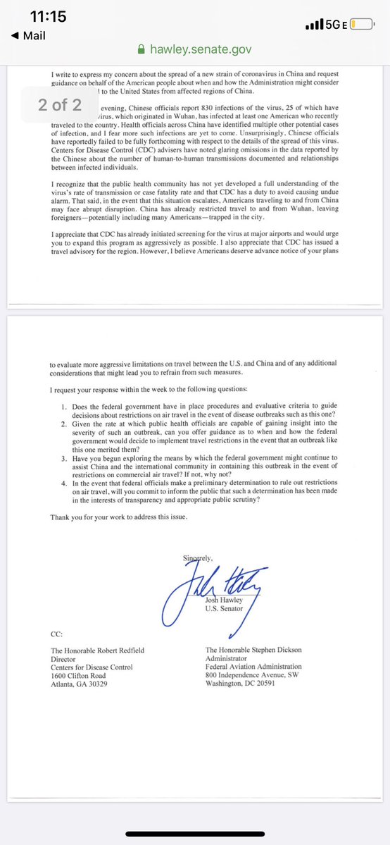 Freshman Sen. Josh Hawley (R-Mo.) asks Trump administration if  restrictions should be put in place for people traveling from China to United States