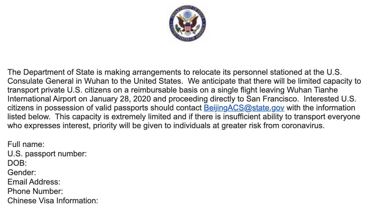 Charter flight will evacuate US diplomats and private citizens from Wuhan, China on Jan 28. #coronavirus