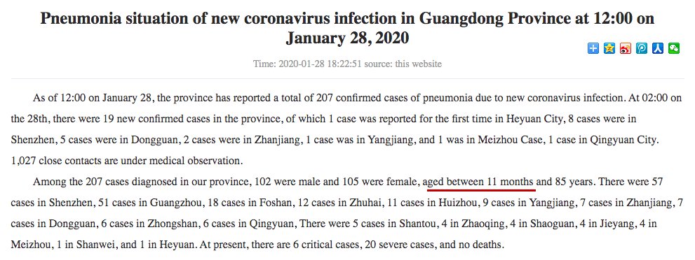 Guangdong Province's latest 2019nCoV update reports a total of 207 infections in people ranging in age from 11 months to 85 years.  There have been few reports so far — that have filtered out, anyway — of infections in young children