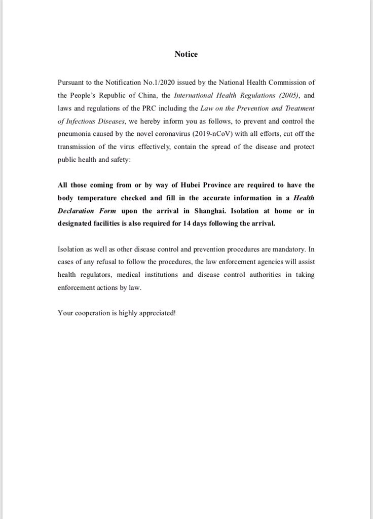 Shanghai government   enforcing 14 day home quarantine for people who've visited Hubei in last two weeks.