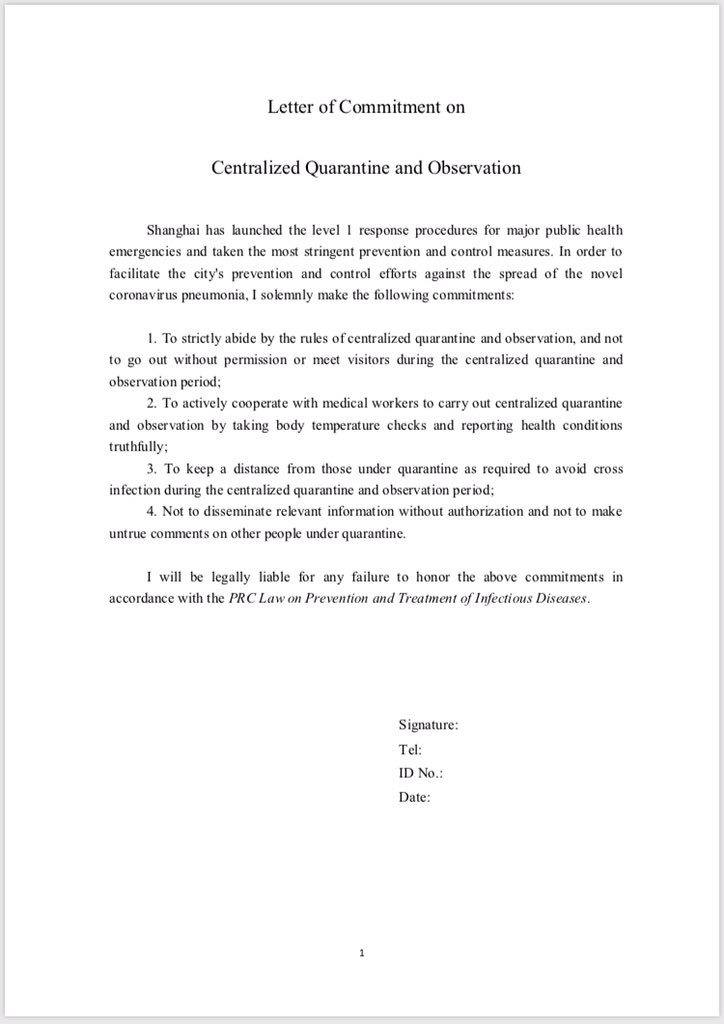 Shanghai government   enforcing 14 day home quarantine for people who've visited Hubei in last two weeks.