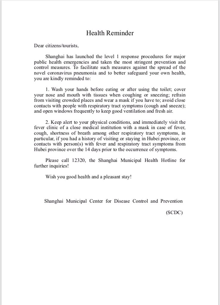 Shanghai government   enforcing 14 day home quarantine for people who've visited Hubei in last two weeks.