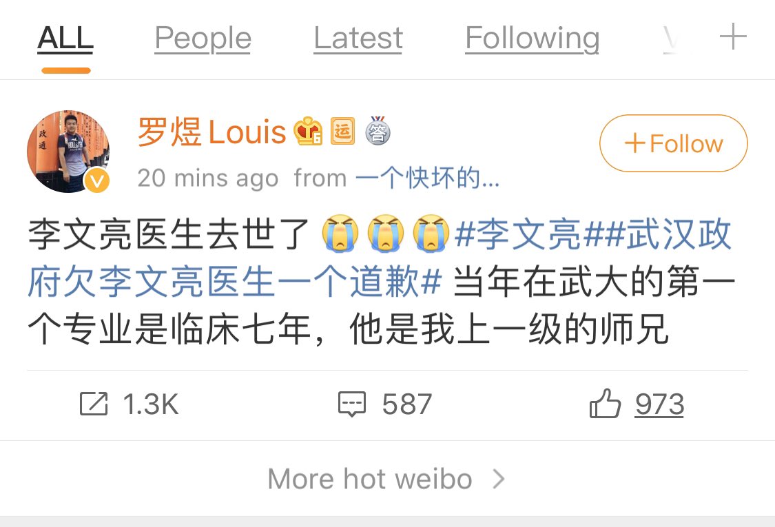 Messages on Weibo and in Wechat groups that whistleblower doctor Li Wenliang has passed away