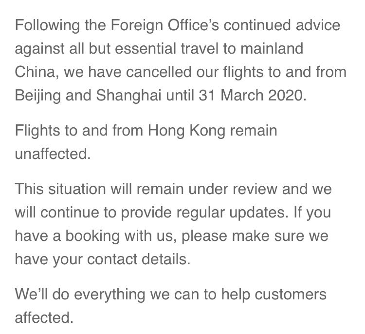 #coronavirus @British_Airways not planning to resume China mainland flights until April
