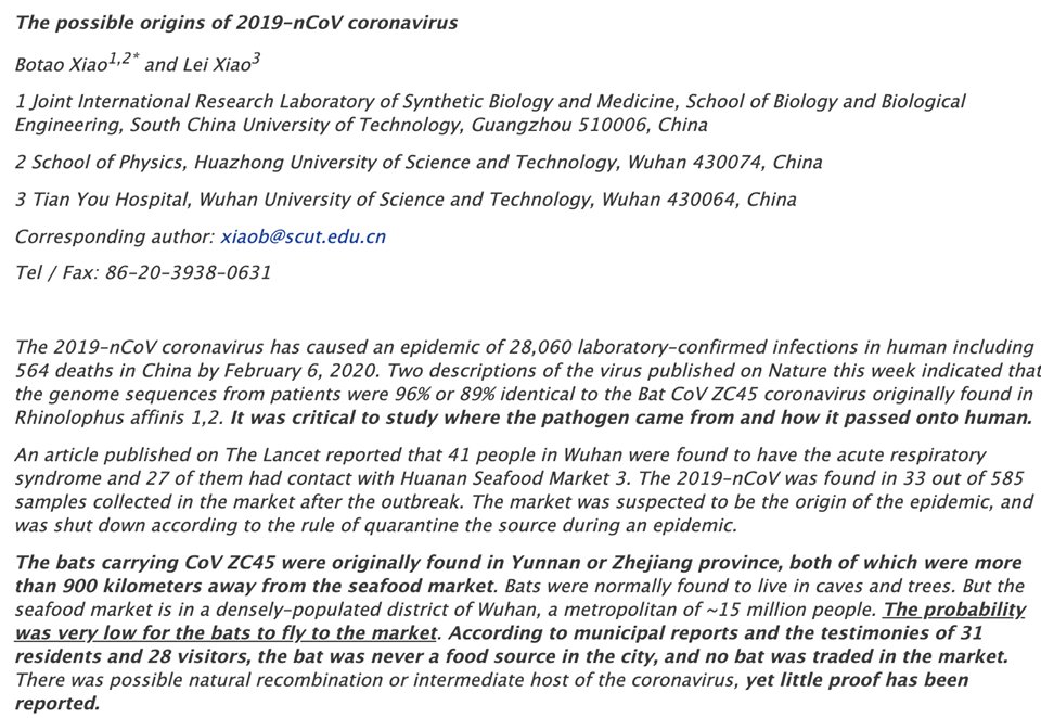 South China University of Technology biology Xiao Botao exposes that the COVID19 might have originated from an animal research lab 280m away from the epicentre of the outbreak. The scientists were reportedly beaten by bats used for a test on louse.