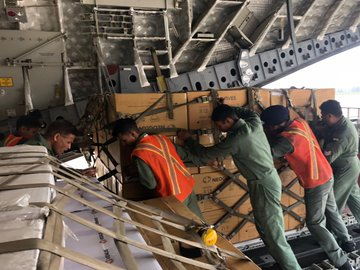 A Special Air Force aircraft that has to fly to Wuhan (China) for the evacuation of Indians, has been loaded with medical equipment, at Hindon Air Force Station, in Ghaziabad