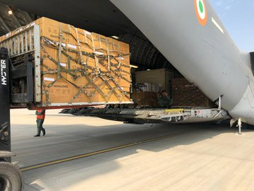 A Special Air Force aircraft that has to fly to Wuhan (China) for the evacuation of Indians, has been loaded with medical equipment, at Hindon Air Force Station, in Ghaziabad