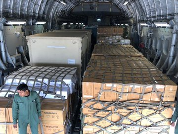 A Special Air Force aircraft that has to fly to Wuhan (China) for the evacuation of Indians, has been loaded with medical equipment, at Hindon Air Force Station, in Ghaziabad