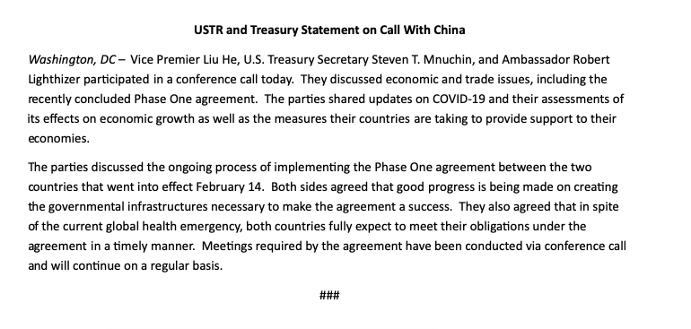 Statement from @USTradeRep on China talks