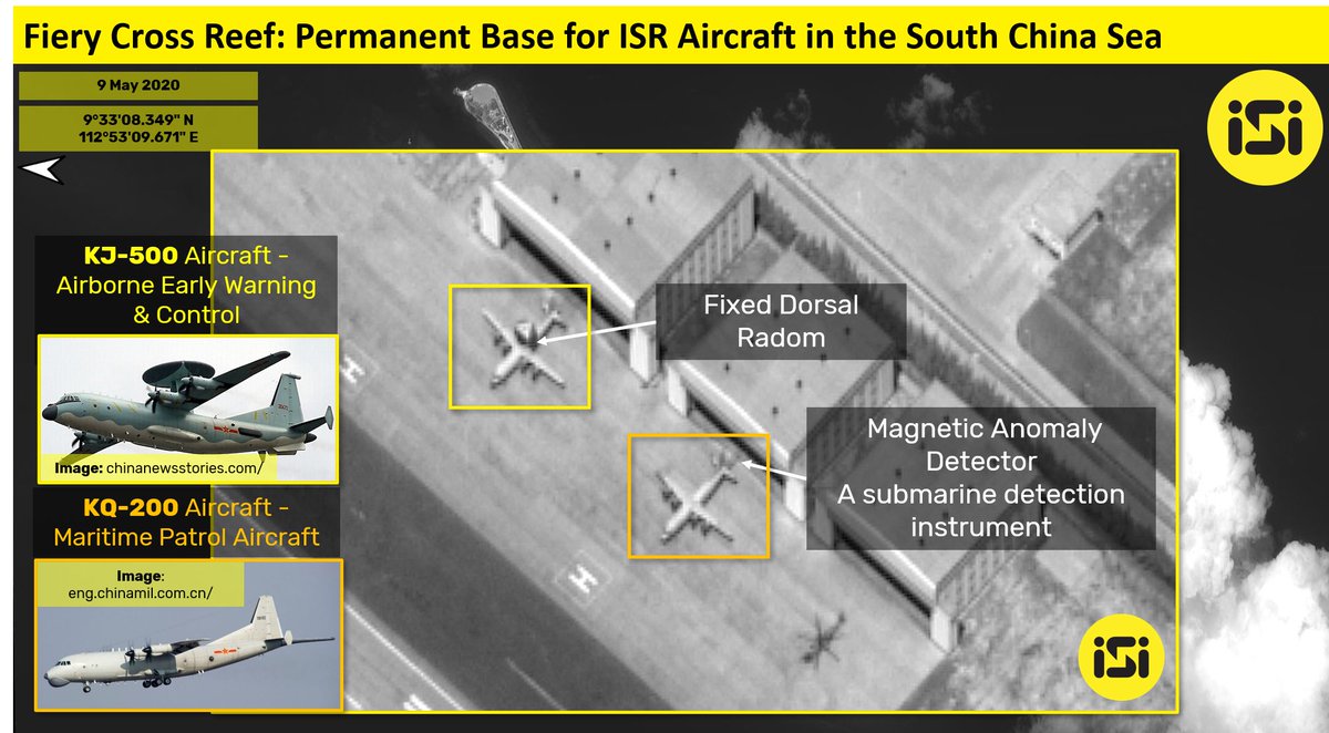 ISI intelligence report reveals a deployment of mission planes (kj500 & kq200) at the fieryCrossReef. The recurring appearance of these aircraft suggests that this base may be the home base of the Chinese ISR aircraft in the area