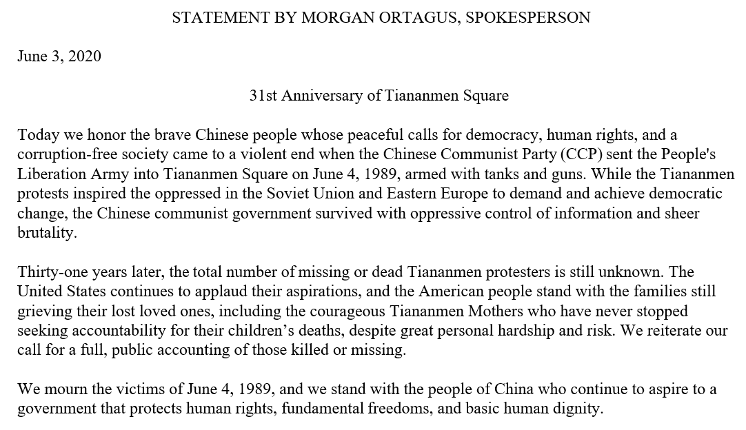 .@statedeptspox statement on the 31st anniversary of the Tiananmen Square massacre, honoring the brave Chinese people whose peaceful calls for democracy, human rights, and a corruption-free society came to a violent end