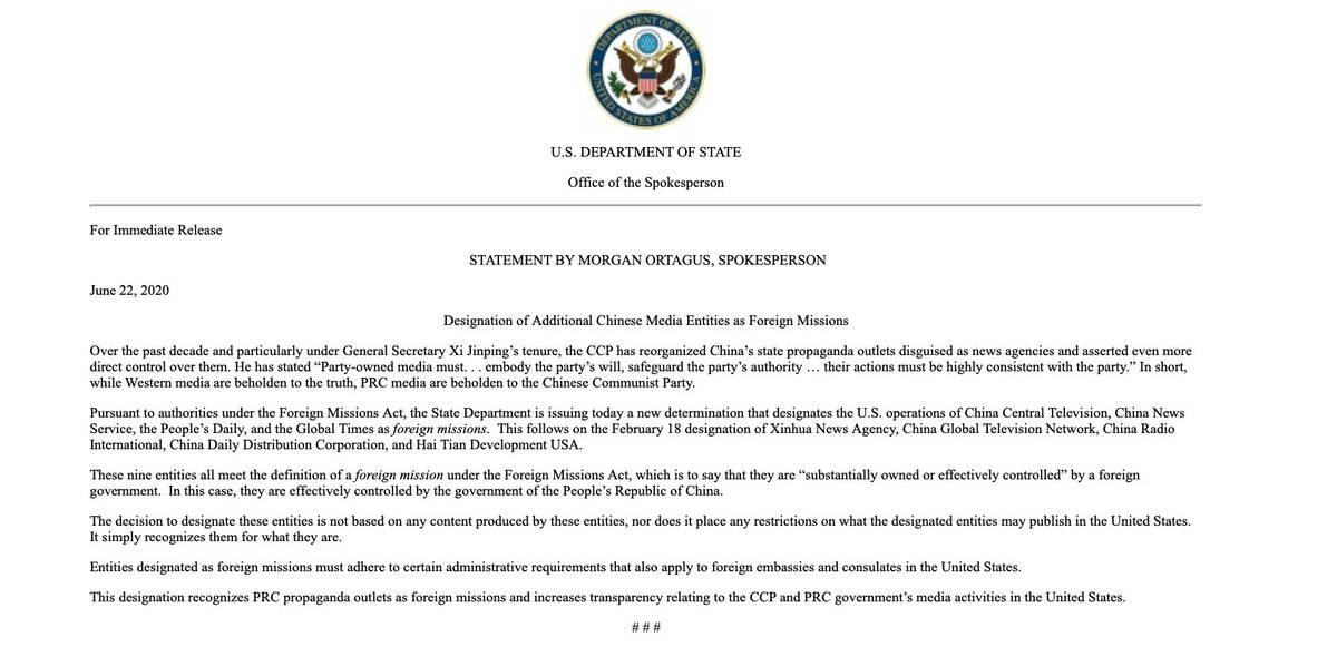 Today, @StateDept designating the US operations of China Central Television, China News Service, the People's Daily and the Global Times as foreign missions