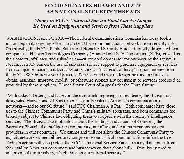 The US Federal Communications Commission has just designated China's Huawei & ZTE as companies posing a national security threat to the United States