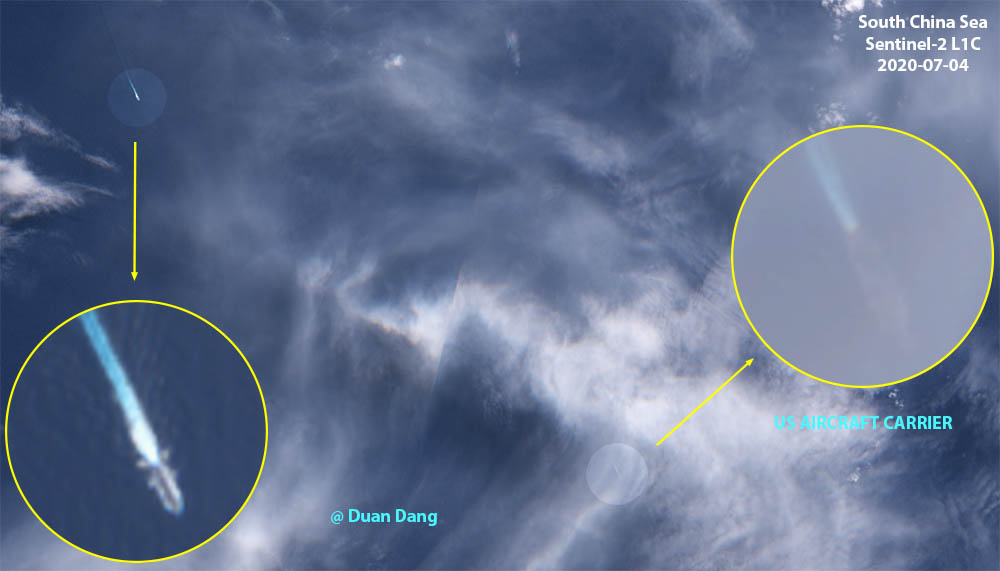 An aircraft carrier spotted in the South China Sea on July 4. I guess it's the USS Nimitz because it's sailing southward