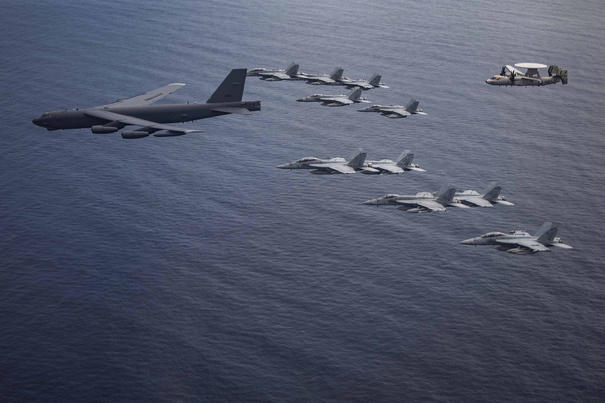 In another message to Beijing, U.S. B-52 bomber from Louisiana trains with jets from aircraft carriers Reagan and Nimitz in South China Sea