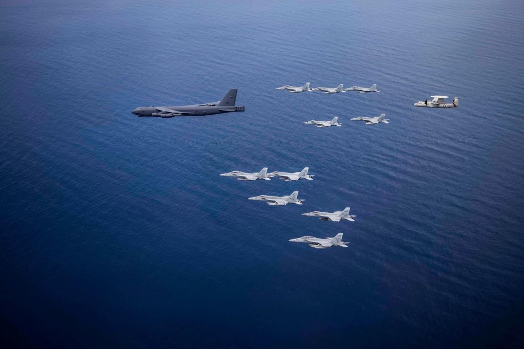 A B52 bomber from Louisiana took off from home station on July 4th and participated in a maritime integration exercise with two aircraft carrier strike groups in the South China Sea before landing at Andersen Air Force Base, Guam