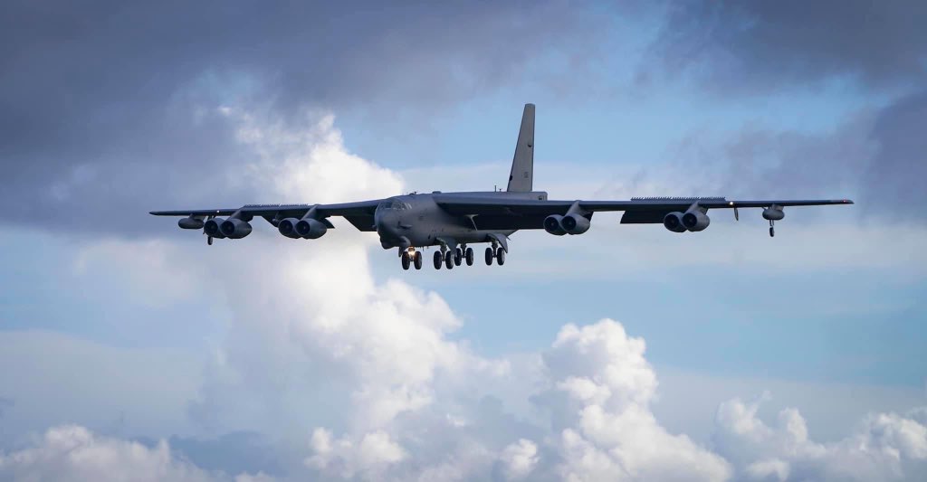 A B52 bomber from Louisiana took off from home station on July 4th and participated in a maritime integration exercise with two aircraft carrier strike groups in the South China Sea before landing at Andersen Air Force Base, Guam