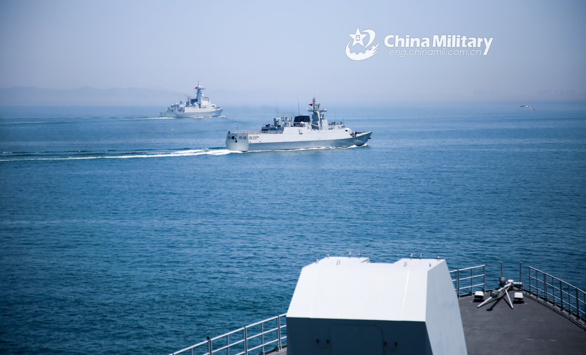 China's Type 055 destroyer NANCHANG 101 maneuvering with Type 056 corvette DATONG 580 and Type 052D destroyer CHENGDU 120 in the PLA's Northern Theatre Command during August. NANCHANG is the first of a new class of powerful surface warships