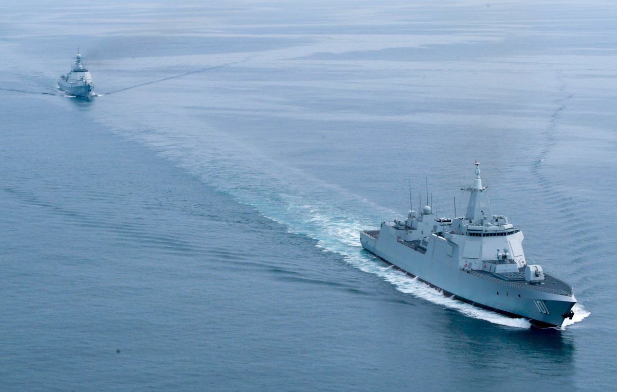 China's Type 055 destroyer NANCHANG 101 maneuvering with Type 056 corvette DATONG 580 and Type 052D destroyer CHENGDU 120 in the PLA's Northern Theatre Command during August. NANCHANG is the first of a new class of powerful surface warships