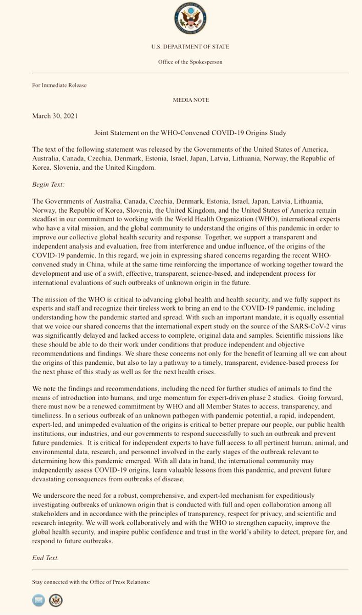 US , UK and 12 Other Govs issue Statement of Shared Concerns on WHO - China study that stresses animal transmission of Covid.  We support a transparent & independent analysis & evaluation, free from interference & undue influence, of origins of Covid-19