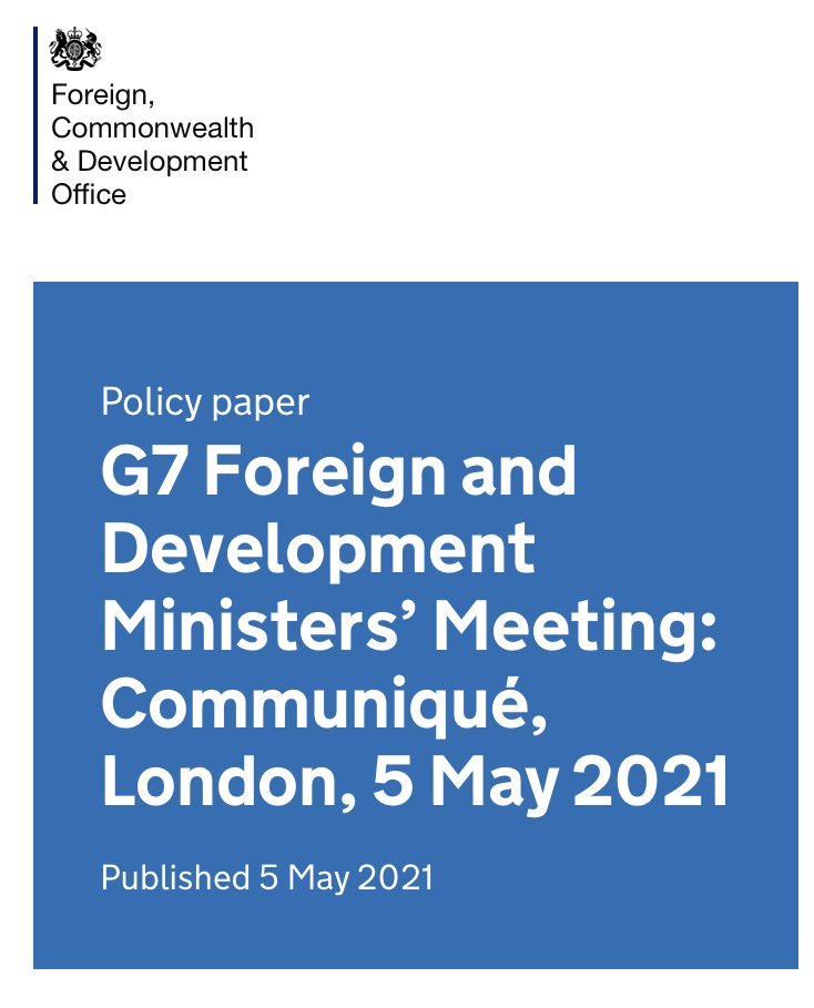 G7 communique on China:  - call on China to respect human rights and fundamental freedoms  - highlighted Xinjiang, Tibet, Hong Kong   - support Taiwan's meaningful participation in WHO  - encourage China to act responsibly in cyber space