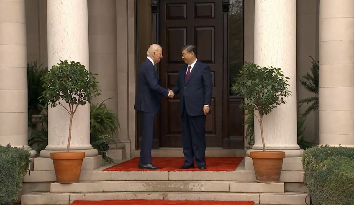 President Biden greets President Xi Jinping at the Filoli estate outside San Francisco. Their last meeting was almost exactly a year ago, on 11/14/22 in Bali