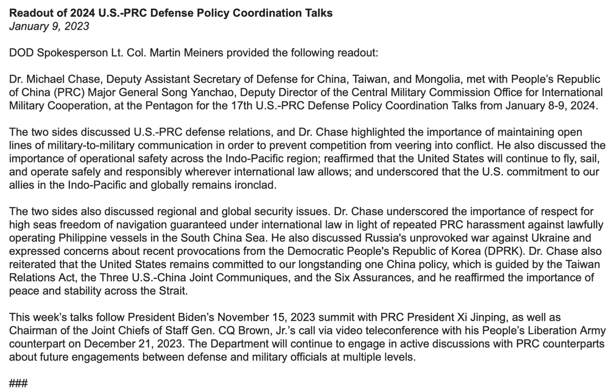 US, China defense officials wrap up 2 days of talks  Deputy Asst Sec of Defense Michael Chase met with MajGen Song Yanchao at the Pentagon Monday-Tuesday Chase highlighted the importance of maintaining open lines of military-to-military communication per US readout
