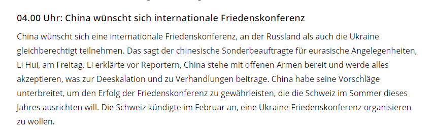 De speciale vertegenwoordiger van China voor Euraziatische zaken, Li Hui, sprak zijn steun uit voor een internationale vredesconferentie waarbij Rusland en Oekraïne op gelijke voet betrokken zijn. Li benadrukte de bereidheid van China om alles te accepteren wat de-escalatie en onderhandelingen bevordert. China heeft voorstellen ingediend om het succes van de door Zwitserland geplande vredesconferentie voor deze zomer te verzekeren