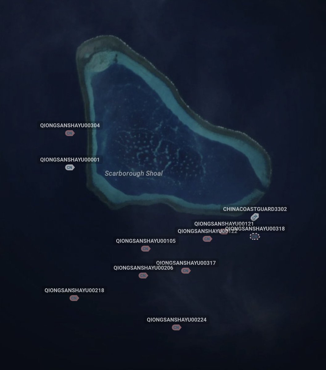 PRC vessel swarm at Scarborough Shoal in the Philippines' exclusive economic zone. Includes at least China Coast Guard 3106 (currently running AIS-dark) & CCG 3302 plus 10 large Qiong Sansha Yu maritime militia ships