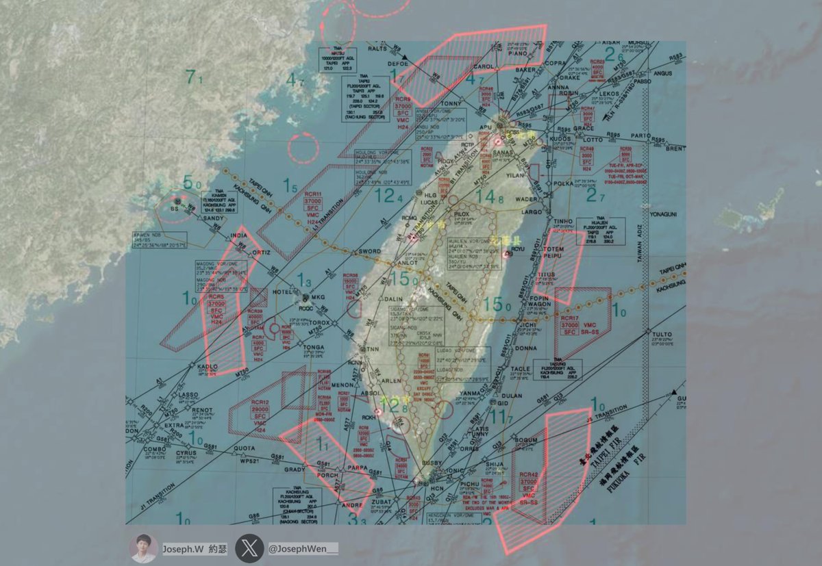 The Joint Sword-2024A exercise area in the Eastern Theater Command, superimposed on the route map of the Taipei Aircraft Information Region. Exercise time: 07:45 on May 23, 2024 to 24