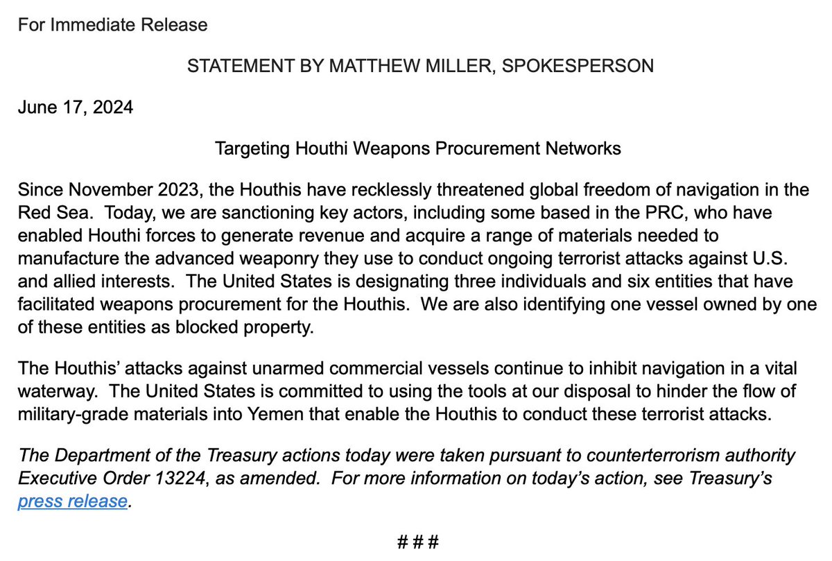 We are sanctioning key actors, including some based in the PRC, who have enabled Houthi forces to generate revenue & acquire a range of materials needed to manufacture the advanced weaponry they use to conduct ongoing terrorist attacks per @StateDeptSpox  Matthew Miller